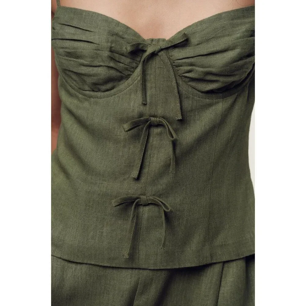 Zara Womens Jumpsuit XS Green Linen Bow Spaghetti Strap Wide Leg 8447/734 NWD